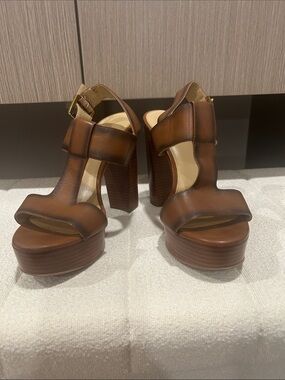 MICHAEL Michael Kors Brown Leather Platform Block Heel Sandals